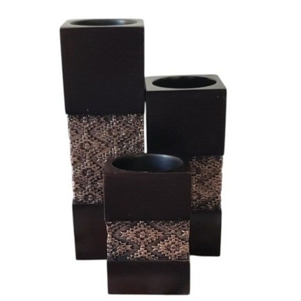 Set of 3 Square‎ Dublin Resin Candle Holders Rustic Geometric Design Dark Brown